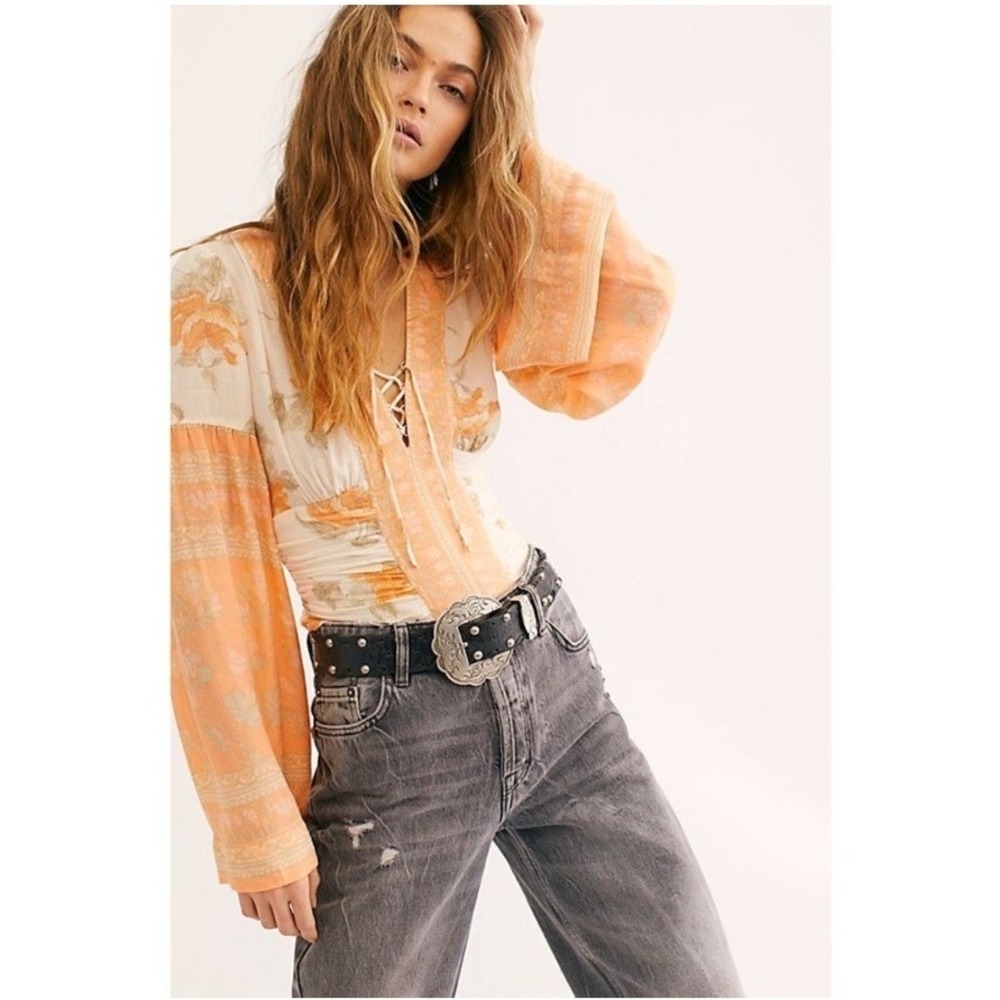 NWT Free People Byron Bay Nights Top Floral Boho Bell Sleeve Coral Orange XL